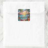 Tropical Paradise | Coastal Beach Scene Impasto Vierkante Sticker (Tas)