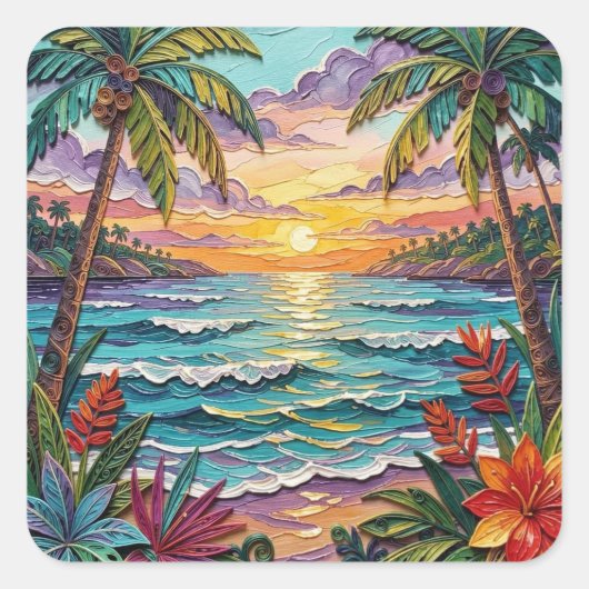 Tropical Paradise | Coastal Beach Scene Impasto Vierkante Sticker (Voorkant)