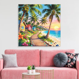 Tropical Paradise Coastal Seaside Cottage Ocean  Canvas Afdruk