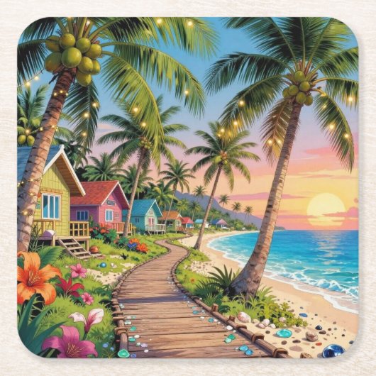 Tropical Paradise Coastal Seaside Cottage Ocean Kartonnen Onderzetters (Voorkant)