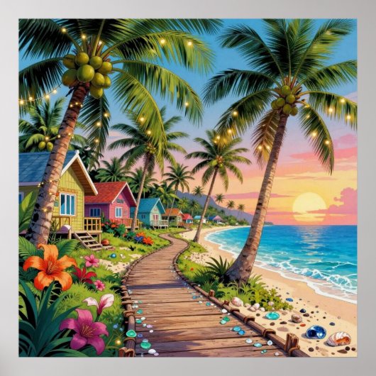 Tropical Paradise Coastal Seaside Cottage Ocean  Poster (Voorkant)