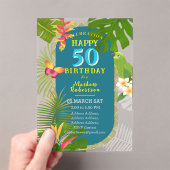 Tropical Paradise Jaarlijkse Verjaardag Blauwgroen Acryl Uitnodigingen (Insitu (Draagbaar))