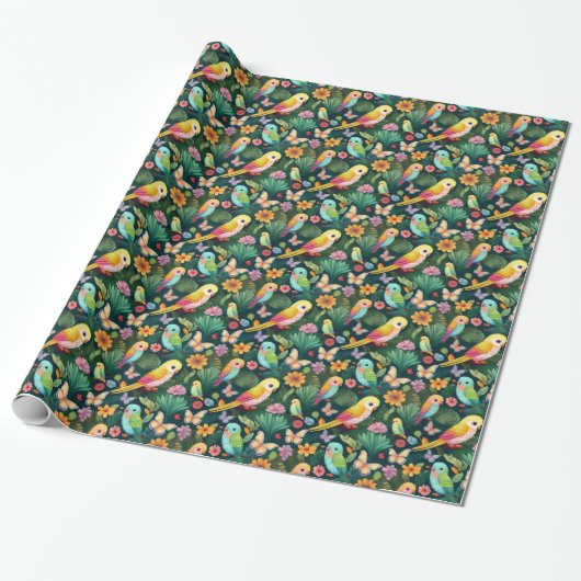 Tropical Parrot Birthday Wrapping Paper Cadeaupapier (Uitgerold)
