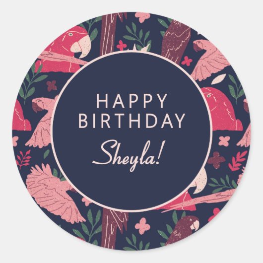 Tropical Parrot Happy Birthday Sheyla Custom  Ronde Sticker (Voorkant)