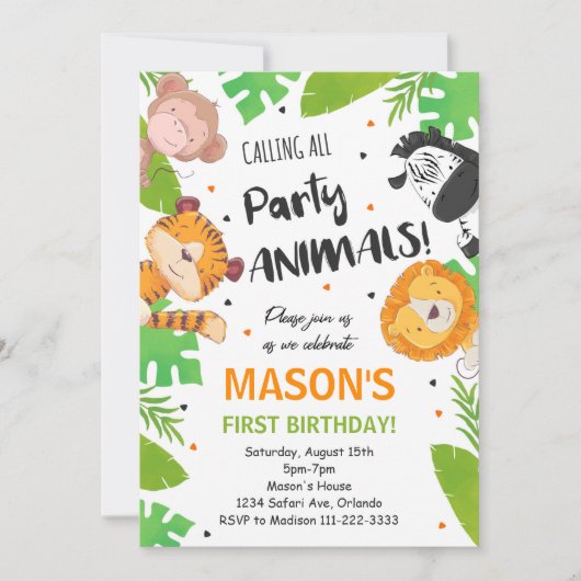 Tropical Party Animals Safari Oerwoud Uitnodiging (Voorkant)