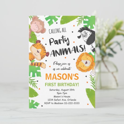 Tropical Party Animals Safari Oerwoud Uitnodiging (Staand voorkant)