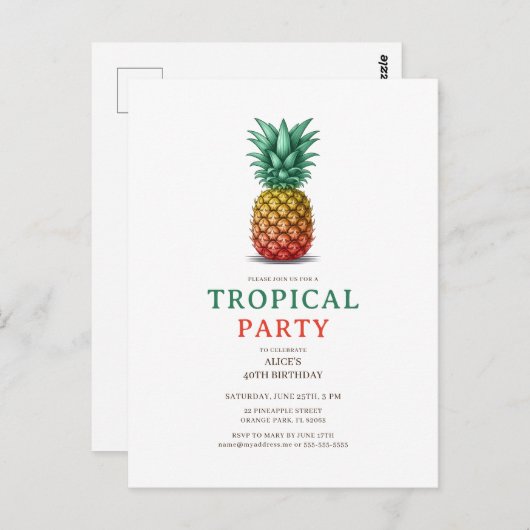 Tropical Party with retro pineapple Invitation Briefkaart (Voorkant / Achterkant)