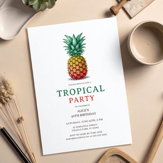 Tropical Party with retro pineapple Invitation Kaart
