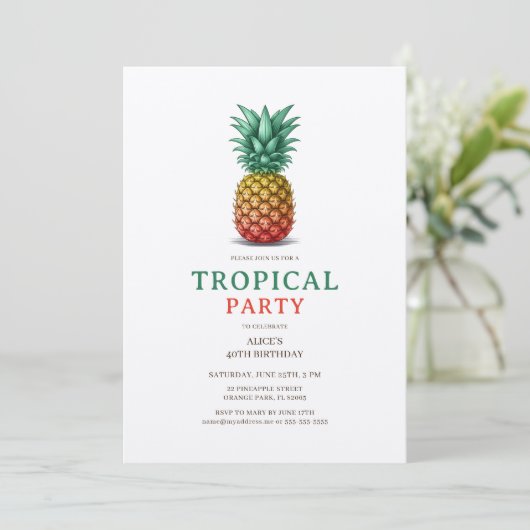Tropical Party with retro pineapple Invitation Kaart (Staand voorkant)
