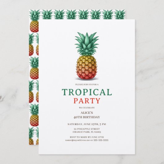 Tropical Party with retro pineapple Invitation Kaart (Voorkant / Achterkant)