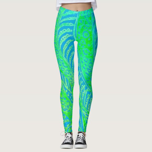Tropical Pattern, Line Round Curve, Blue Turquoise Leggings (Voorkant)