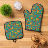 Tropical Pattern with Red and Yellow Leaves Ovenwant & Pannenlap Set (Top down)