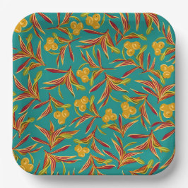 Tropical Pattern with Red and Yellow Leaves Papieren Bordje