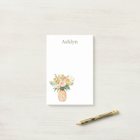 Tropical Pineapple Blush Yellow Floral Post-it® Notes (Op bureau)