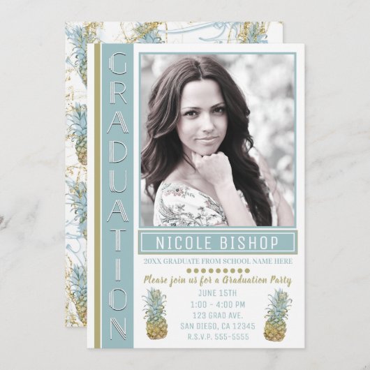 Tropical Pineapple Graduation Party Afstuderen Fot Kaart (Voorkant / Achterkant)