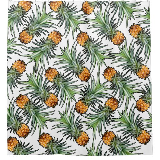 Tropical Pineapple Pattern on White Douchegordijn (Voorkant)