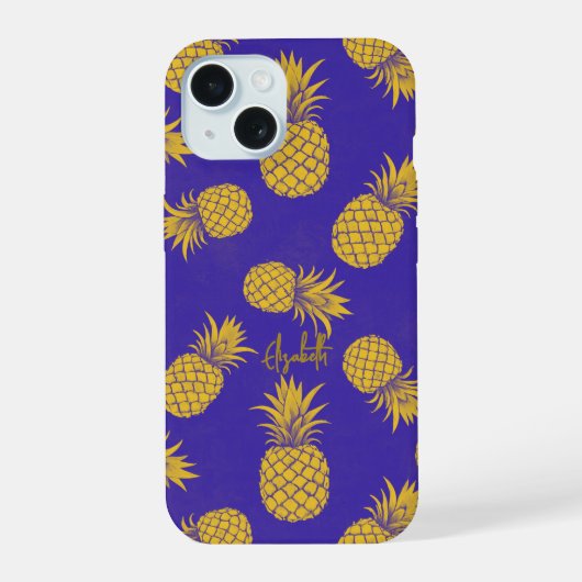 Tropical Pineapple with Name – Watercolor Style iPhone 15 Case (Achterkant)