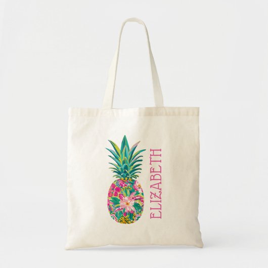 Tropical Pink and Green Floral Pineapple Tote Bag (Voorkant)