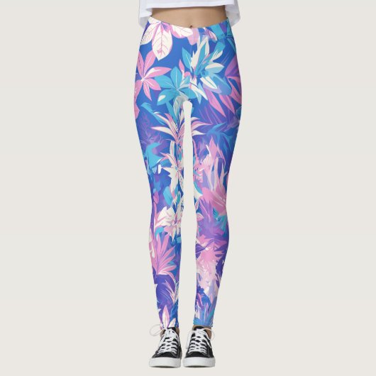 🌺 Tropical Pink & Blue Floral Pattern - Fresh Leggings (Voorkant)