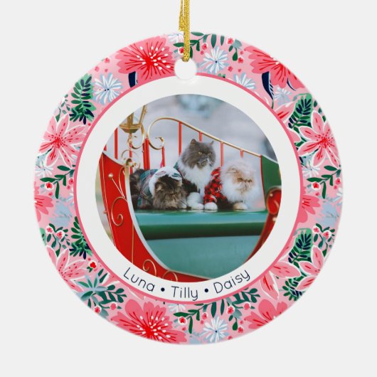 Tropical Pink Christmas Floral 2 Family Photos Keramisch Ornament (Achterkant)