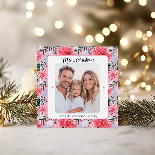 Tropical Pink Christmas Floral Photo Feestdagenkaart