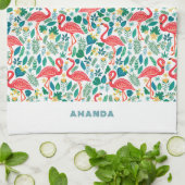 Tropical Pink Flamingo an tropical leaves pattern Theedoek (Gevouwen)