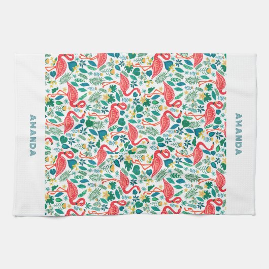Tropical Pink Flamingo an tropical leaves pattern Theedoek (Horizontaal)