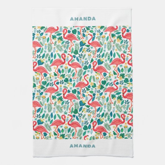 Tropical Pink Flamingo an tropical leaves pattern Theedoek (Verticaal)