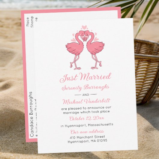 Tropical Pink Flamingo Beach Hawaiian Just Married Aankondigingskaart