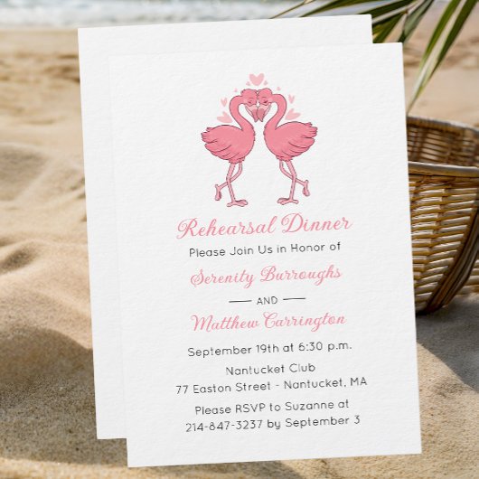 Tropical Pink Flamingo Beach Rehearsal Dinner Kaart