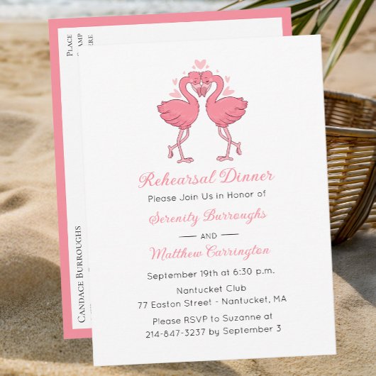 Tropical Pink Flamingo Beach Rehearsal Dinner Uitnodiging Briefkaart