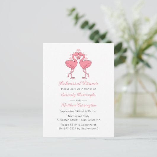 Tropical Pink Flamingo Beach Rehearsal Dinner Uitnodiging Briefkaart (Staand voorkant)