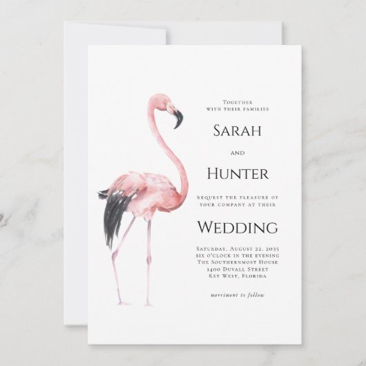 Tropical Pink Flamingo Beach Wedding Kaart (Voorkant)