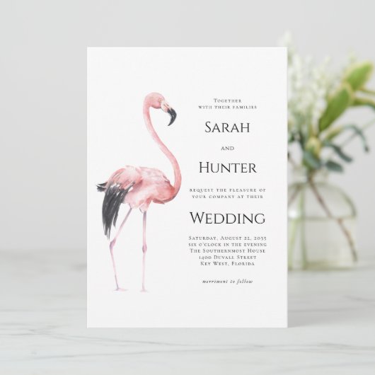 Tropical Pink Flamingo Beach Wedding Kaart (Staand voorkant)