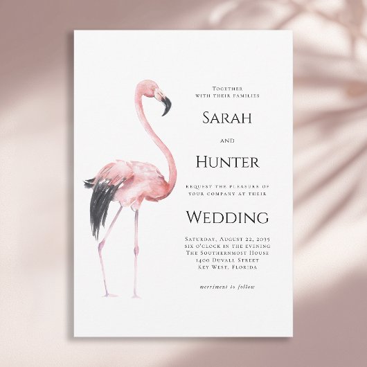 Tropical Pink Flamingo Beach Wedding Kaart