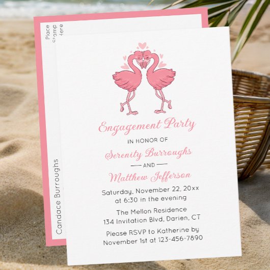 Tropical Pink Flamingo Hawaiian Engagement Party Uitnodiging Briefkaart