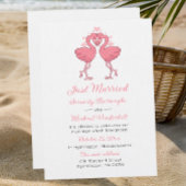 Tropical Pink Flamingo Just Married Announcement Kaart