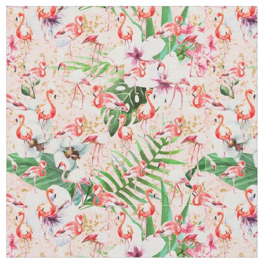 Tropical Pink Flamingos Fabric Stof (Close Up)