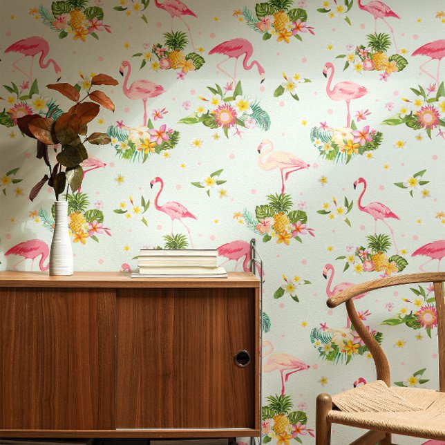 Tropical Pink Flamingos Plant Beach Vibes Pattern Behang (Creator heeft geüpload)