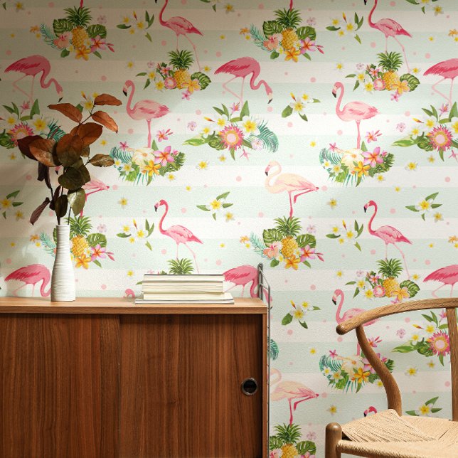 Tropical Pink Flamingos & Plant Pattern Striped Behang (Creator heeft geüpload)