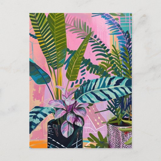 Tropical pink flamingos set against lush green briefkaart (Voorkant)