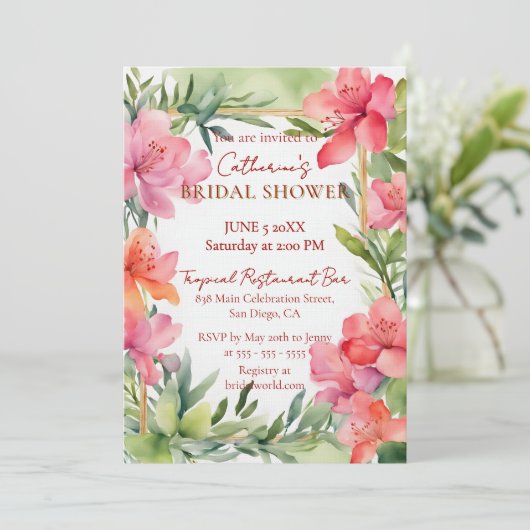 Tropical Pink Floral Greenery Gold Bridal Shower Kaart (Staand voorkant)