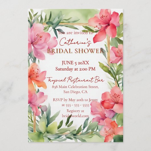Tropical Pink Floral Greenery Gold Bridal Shower Kaart (Voorkant)
