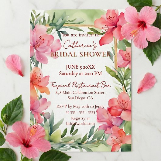 Tropical Pink Floral Greenery Gold Bridal Shower Kaart
