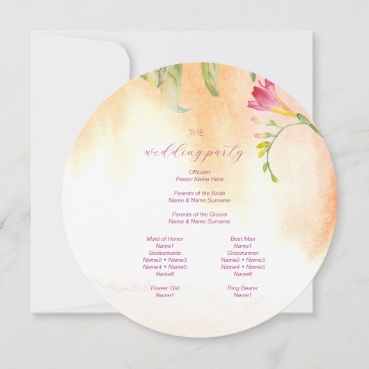 Tropical Pink Freesia Waterverf Wedding Programma (Achterkant)