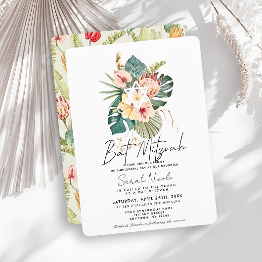 Tropical Pink Hibiscus Botanical Bat Mitzvah Kaart