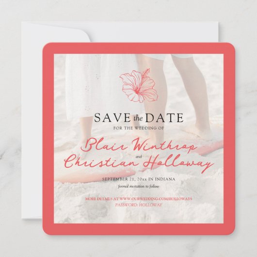 Tropical Pink Hibiscus Double Sided Photo Wedding Save The Date (Voorkant)