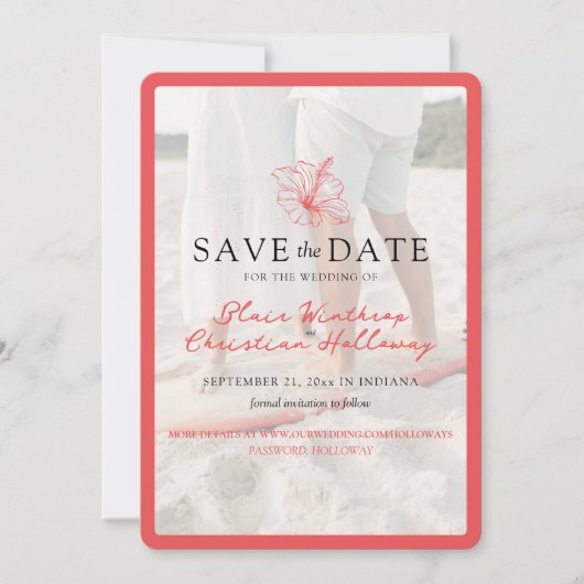 Tropical Pink Hibiscus Double Sided Photo Wedding Save The Date (Voorkant)
