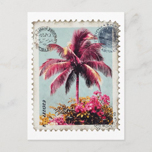 Tropical Pink Palm Postage Stamp Vintage Beach T‑S Briefkaart (Voorkant)