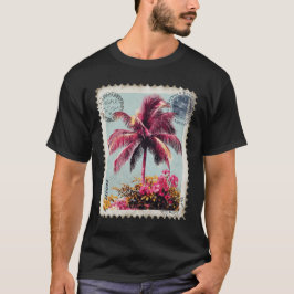 Tropical Pink Palm Postage Stamp Vintage Beach T‑S T-shirt